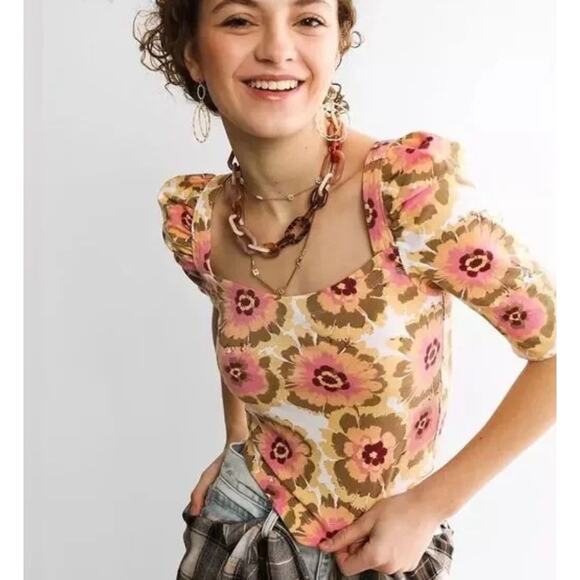 Free People Y2K Give Me More Cottage Prairie Yellow Floral Cropped Shirt Small - Picture 1 of 11